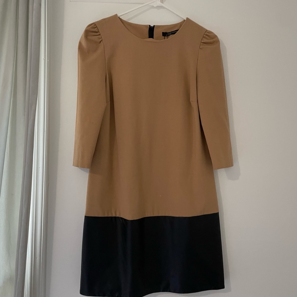 Zara Tan Wool and black Leather dress. - Picture 3 of 7